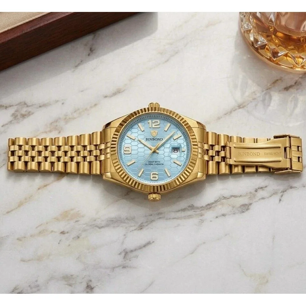 Mens Gold Stainless Steel Watch: Ice Blue Honeycomb Dial, Fluted Bezel, Quartz